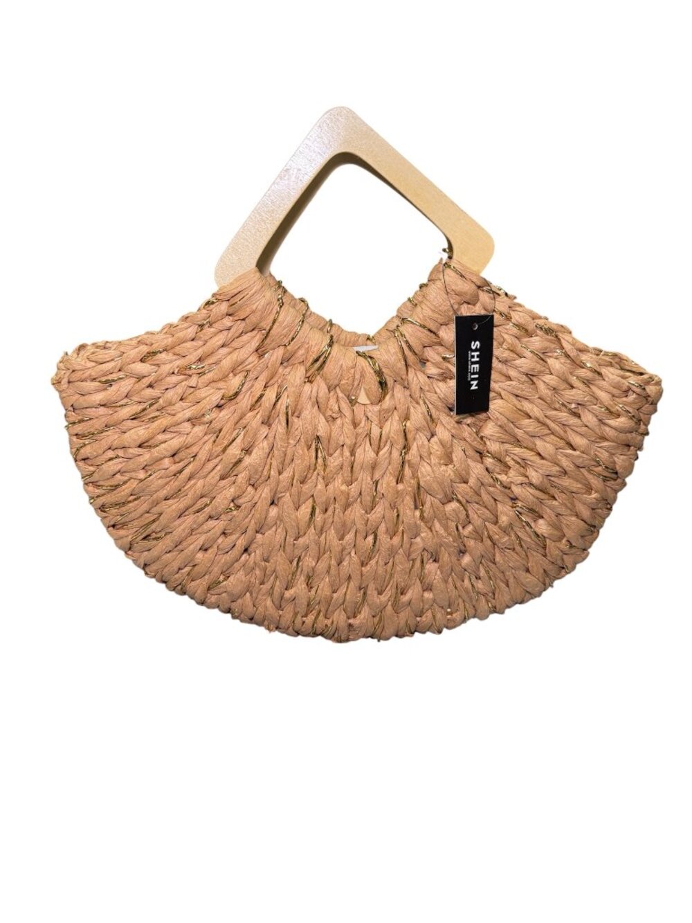 SHEIN Bohemian Coastal Tan Gold Straw Woven Tote Bag Triangular Wooden Handle